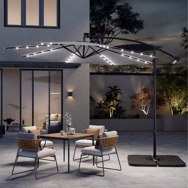 Breeins LED Lighted Octagonal Garden Parasol with Base and Crank Lift in Light Grey