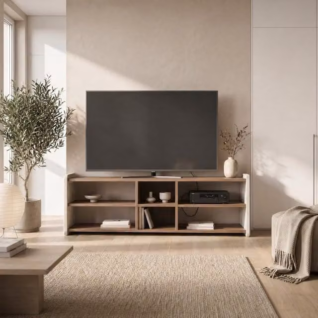 Decortie Bige TV Unit in Whiskey Oak with 6 Open Shelves for TVs up to 55in