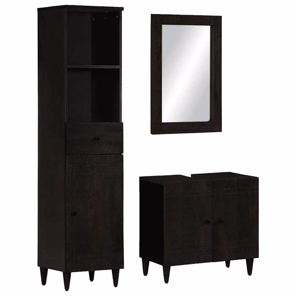Berkfield Home Beautiful 3 Piece Solid Wood Mango Bathroom Furniture Set in Black and Grey – 2