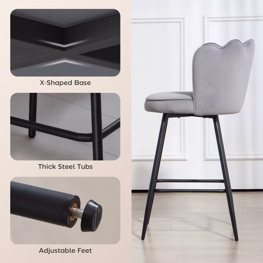 STILVORA Set of 2 Modern Bar Stools with Grey Polyester Fabric and Metal Legs – 4