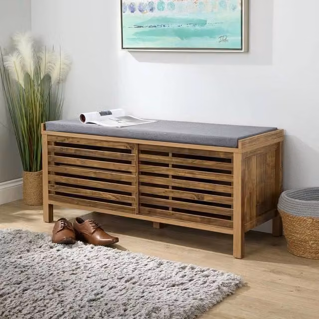 SPETLEK Brown Shoe Bench Storage Cabinet with Fabric Cushion