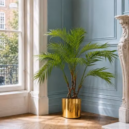 Modern Potted Artificial Palm Leaf Plant with Gold Metal Planter, Green, H 90 cm x W 70 cm x D 60 cm – 2