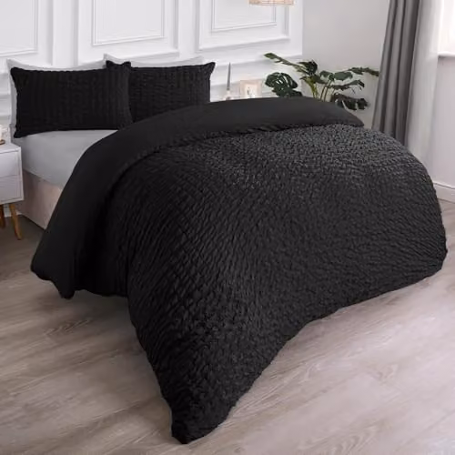 OHS Black Geometric Seersucker King Size Duvet Cover Set with Matching Pillowcases – 1