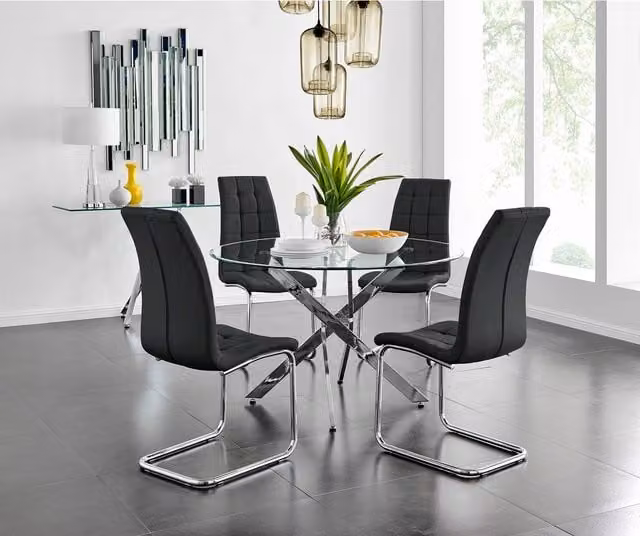 FurnitureboxUK Novara Round Glass Dining Table and 4 Murmur Chairs Set in Black with Chrome Metal X-Frame