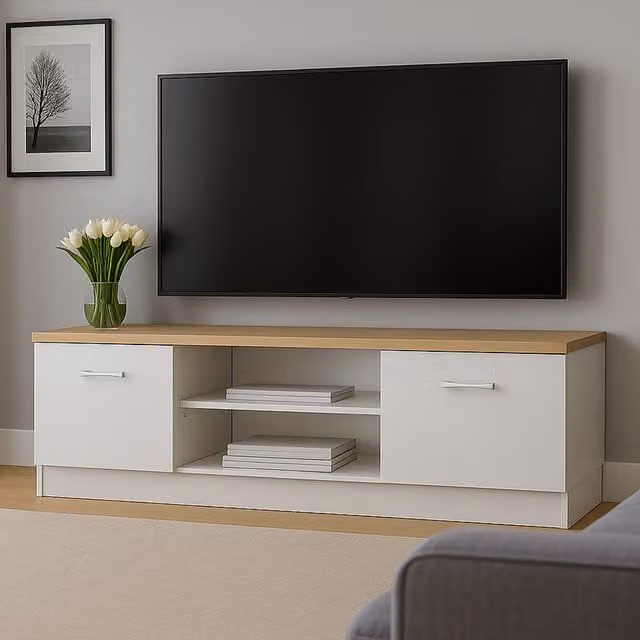Heze Furniture Modern Compact TV Unit with Storage in White and Oak Matt Finish