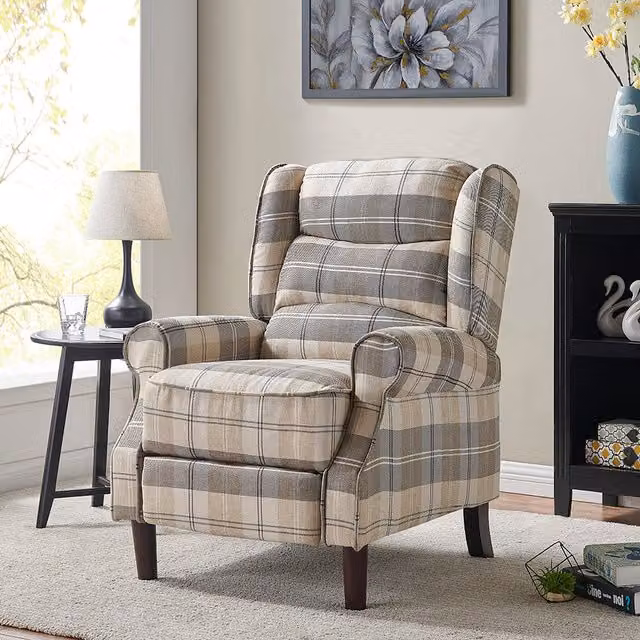 Home Detail Nairn Manual Wingback Recliner Armchair in Beige and Grey Fabric – 1