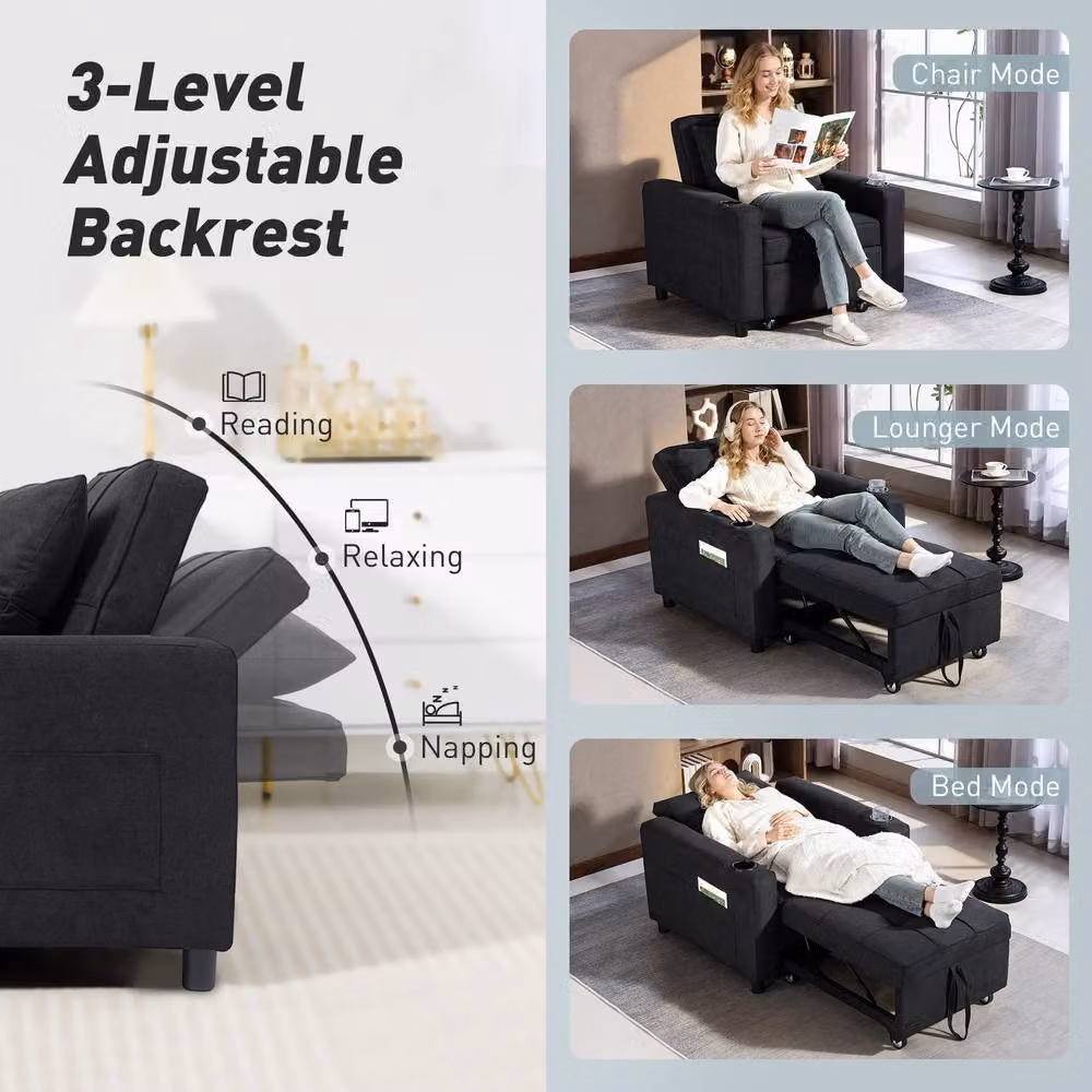 HOMCOM 3-in-1 Convertible Sofa Bed and Sleeper Chair with Adjustable Backrest in Black – 5