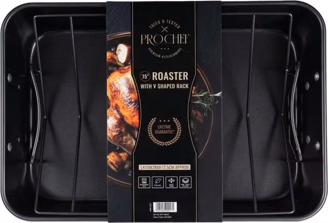 Prochef Non-Stick Carbon Steel Roasting Pan with V Rack, Black and Grey, W: 38.1 cm, D: 27.5 cm, H: 7.5 cm
