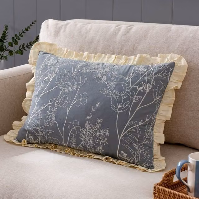 Wylder Mae Floral Embroidered Cotton Cushion in Blue, W/H: 50 x 35 cm
