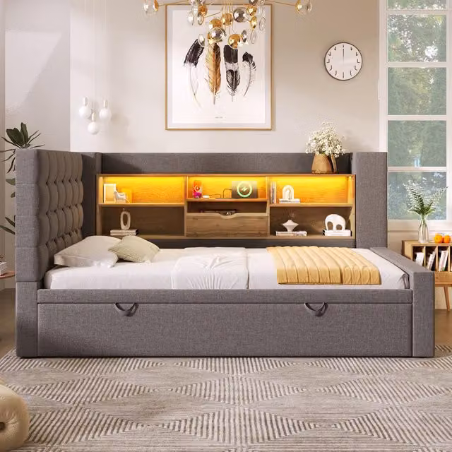 Aosom UK Grey Linen Upholstered Daybed with Pull-Out Trundle, LED Lighting, USB Charging Port and Storage, W: 107 cm, D: 204 cm, H: 88 cm – 1
