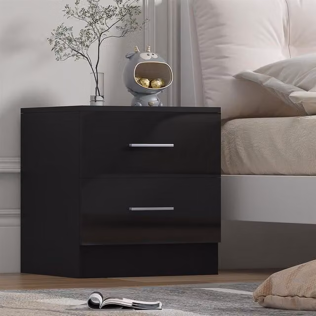 Reflect 2 Drawer Bedside Table in Black Gloss and Black Oak, H 48.5 cm x W 45 cm x D 39.5 cm
