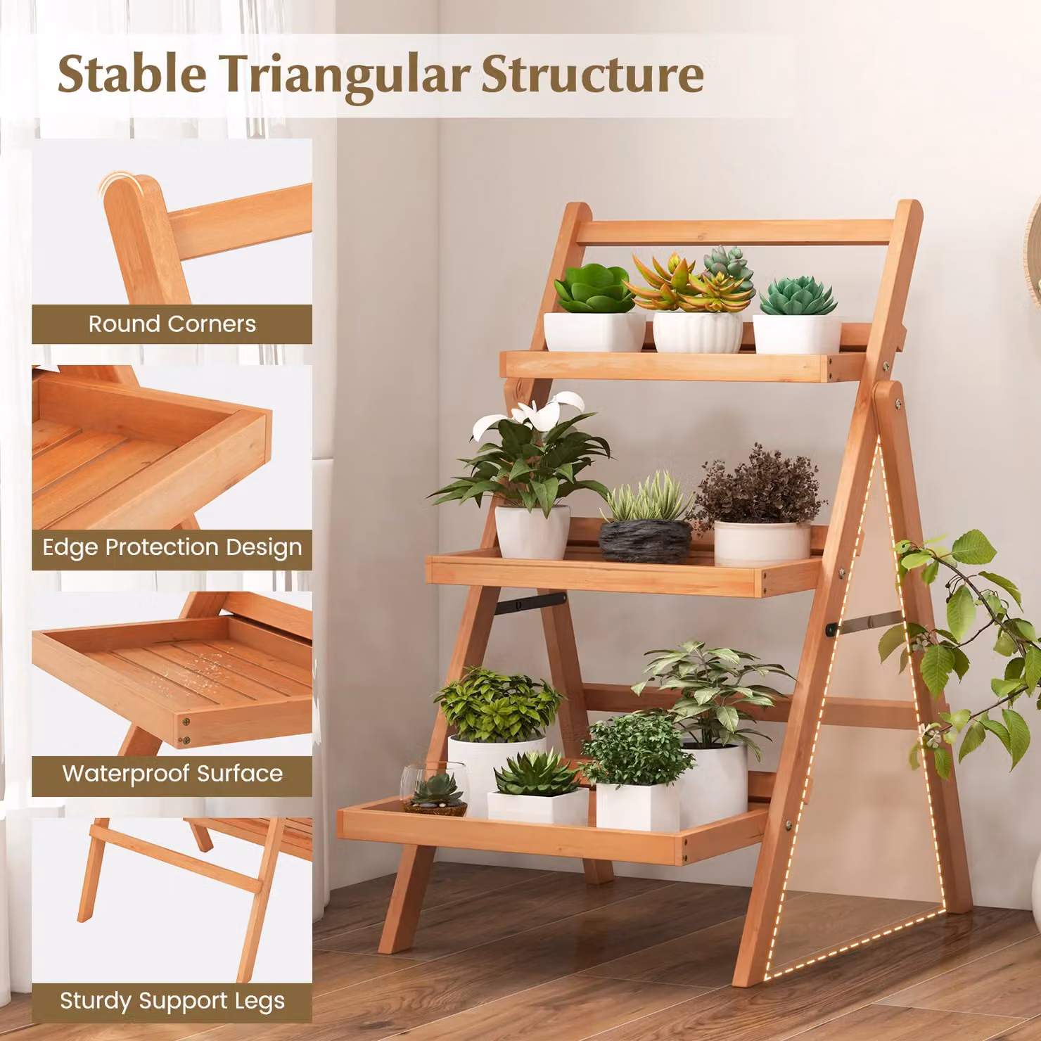 Costway 3-Tier Foldable Plant Stand and Flower Display Shelf in Brown or Beige Lacquered Wood – 3