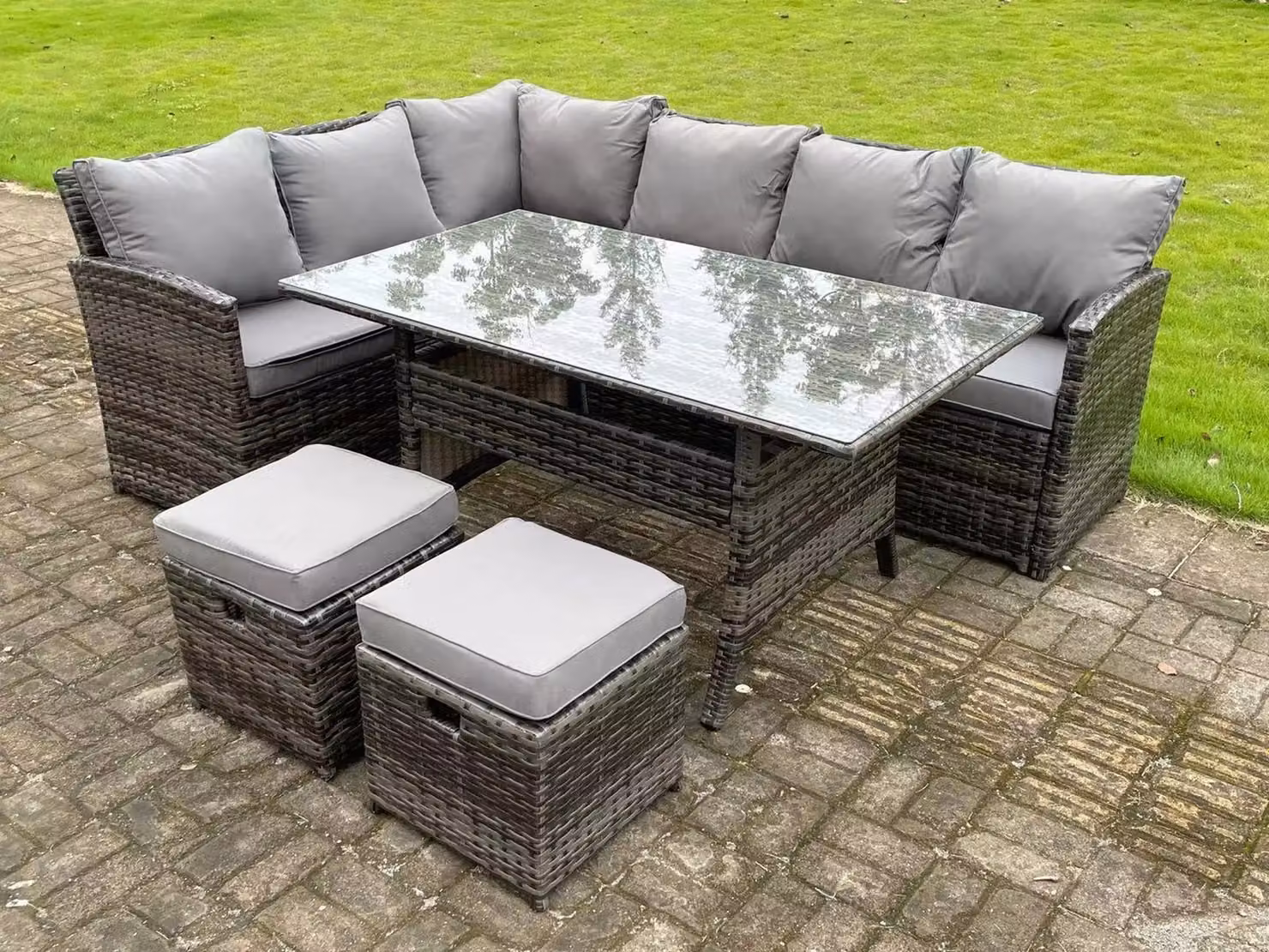 Fimous 8 Seater High Back Rattan Corner Sofa Set with Rectangular Dining Table and 2 Small Footstools in Dark Grey – 2