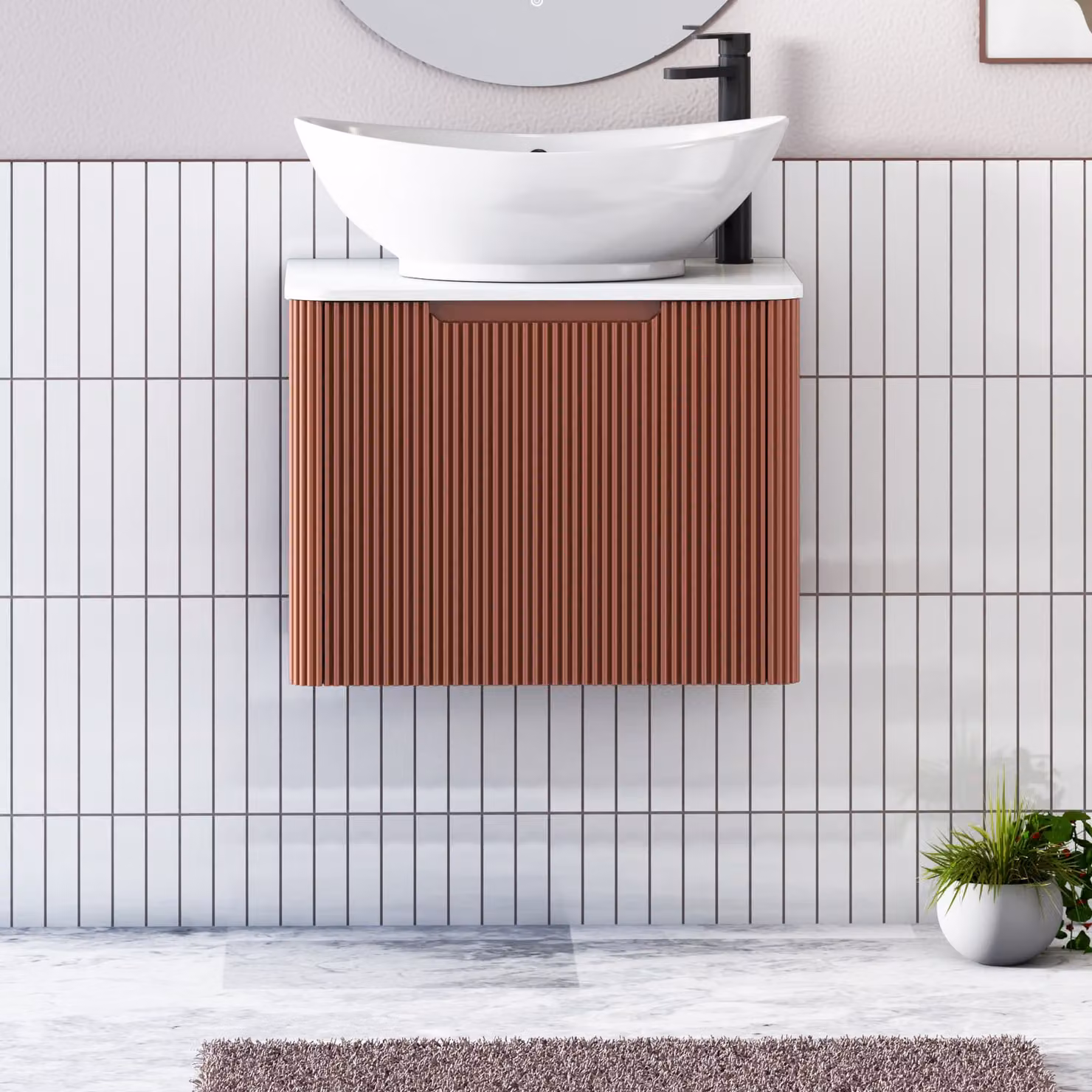 Royal Bathrooms Avenza 600mm Terracotta Clay Wall Hung Vanity Unit with 1 Drawer, Plain White Worktop and Amaze Basin