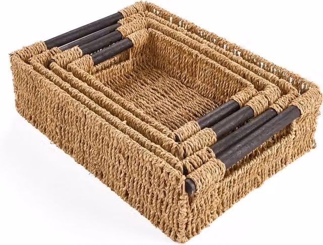 GATARN Brown Seagrass Wicker Open Weave Storage Boxes with Wooden Handles