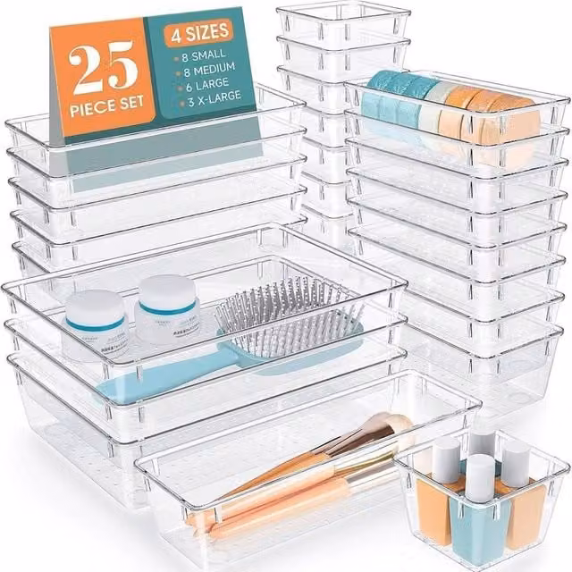 VOGREX 25 Piece Clear Plastic Drawer and Fridge Organiser Tray Set for Makeup and Storage – 1