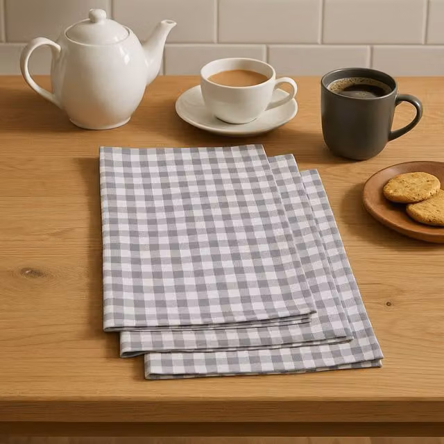 Doro Set of Three Grey and White Checked Cotton Tea Towels