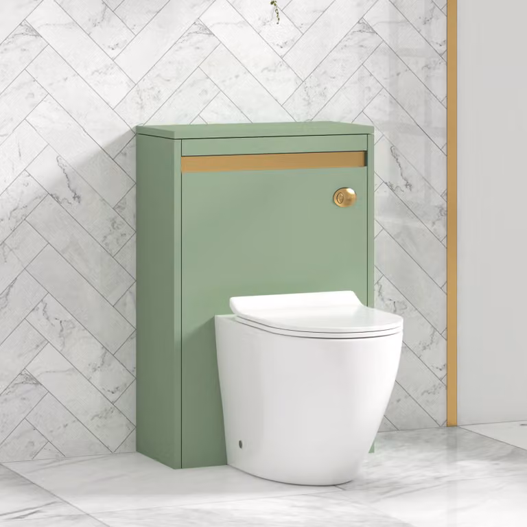 Royal Bathrooms Orion Wall Mounted Mint Sage WC Unit with Elva Rimless Toilet Pan, Slim Seat and Cistern, Brushed Brass Trim, Width: 54 cm