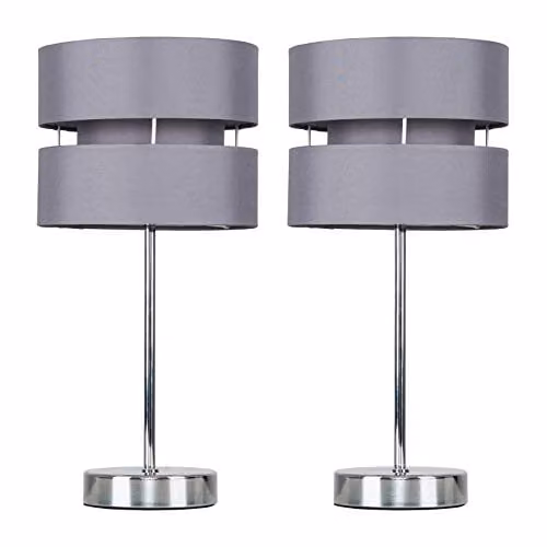 ValueLights Pinto Pair of Modern Silver Chrome Table Lamps with Grey Fabric Shades – 1