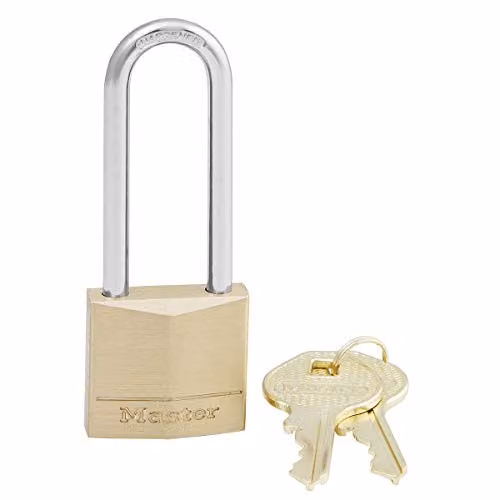 Master Lock Brass Key Padlock with Long Shackle, Gold, W/D/H: 9.7 x 3 x 1.2 cm