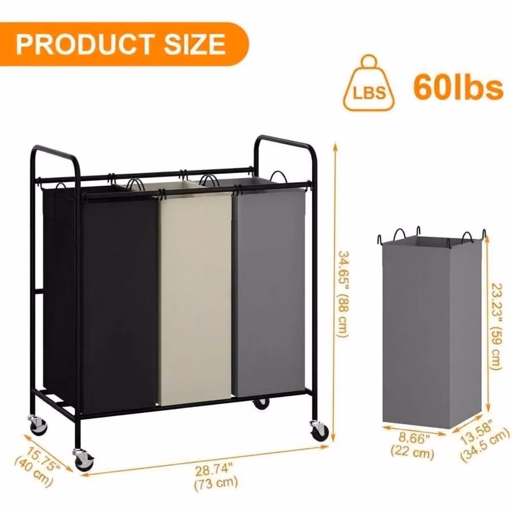 VOGREX 3-Bag Laundry Sorter Cart with Removable Waterproof Bags in Multicolour – 2