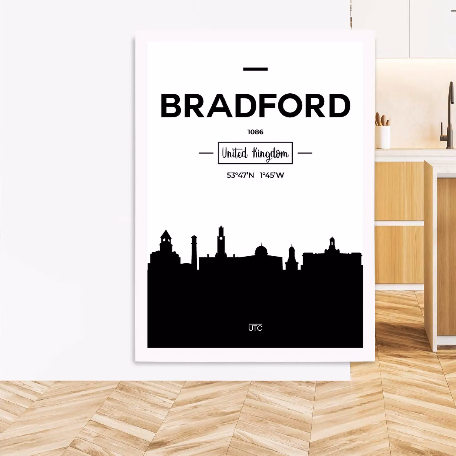 ARTZE Bradford Black and White City Skyline Framed Paper Poster in White Frame, A4 – 2