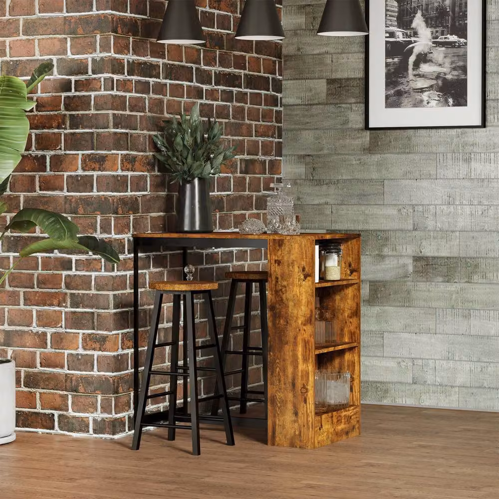 STILVORA Bar Table Set with Storage Shelf in Rustic Brown and Black – 2