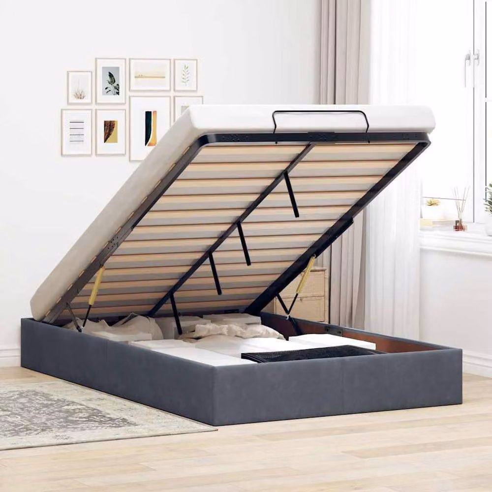 Berkfield Home Double Ottoman Bed Frame in Dark Grey Velvet with Lift Up Base, W: 140 cm, L: 200 cm – 2