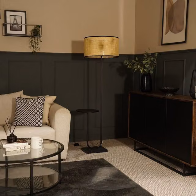 ValueLights Tavel Brushed Matt Black Floor Lamp with Natural Velvet Shade