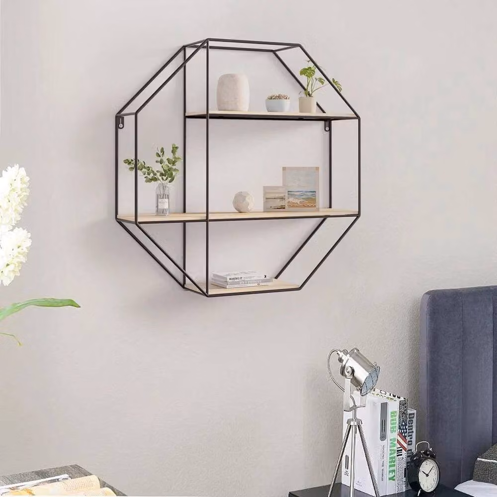 KORVIXA 3 Tier Metal and Wood Wall Mounted Floating Shelves in Black, W: 100 cm, D: 15 cm – 2