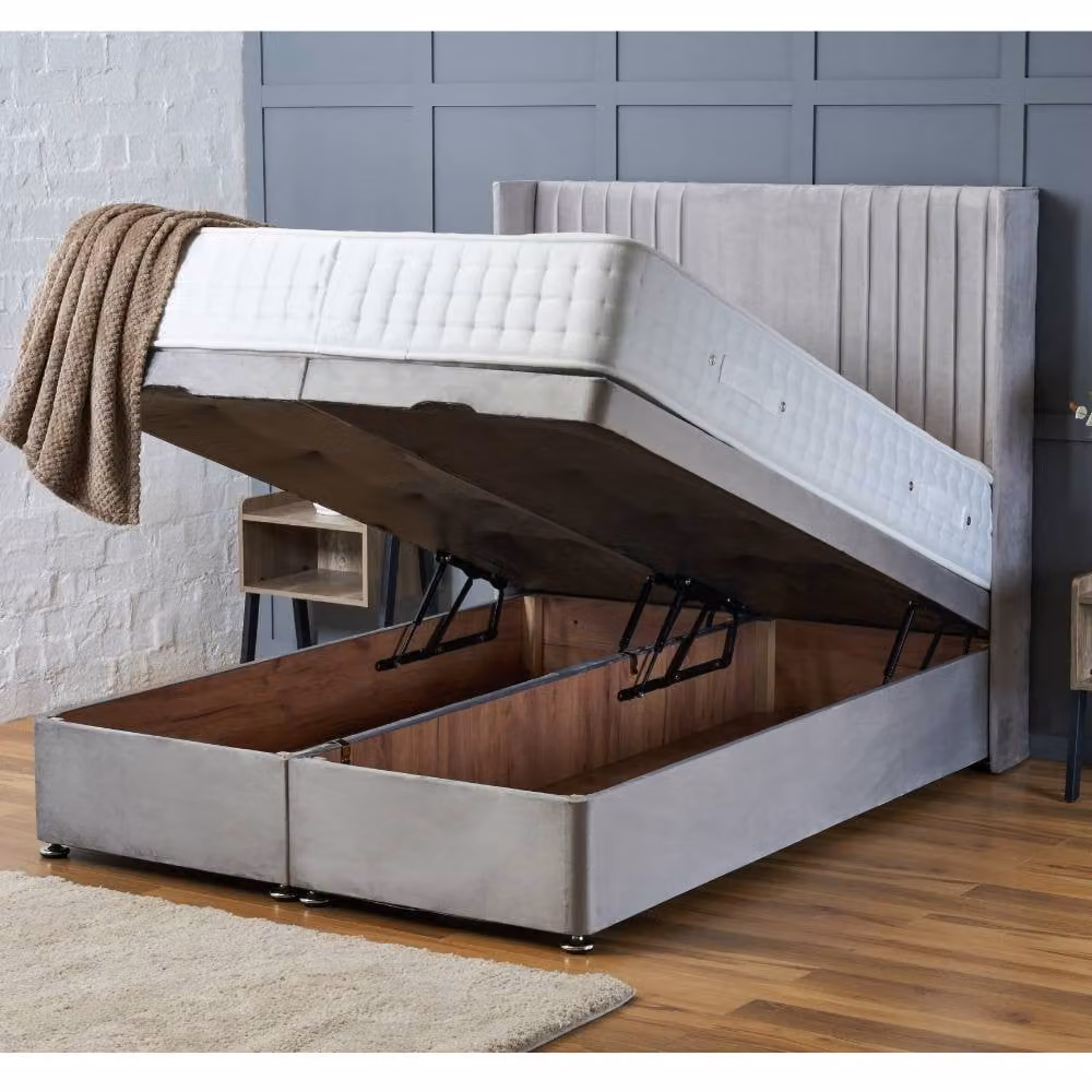 BSSPOKE Charlotte Ottoman Divan Bed with 54 inch Headboard and Mattress in Blue Plush Velvet, W/D/H: 140 x 200 cm