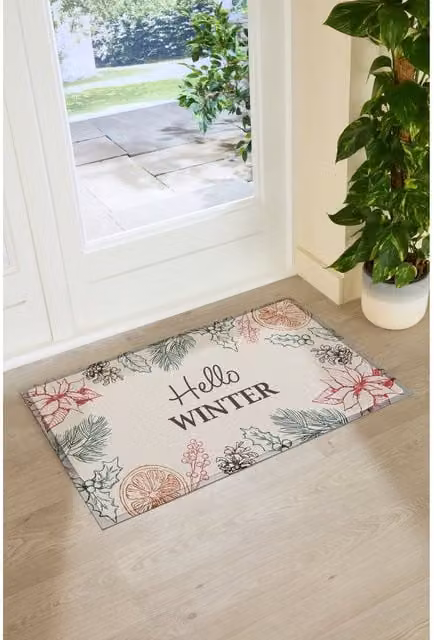 Artsy Mats Hello Winter Large Rectangular Doormat, Beige, Weatherproof and Non-Slip