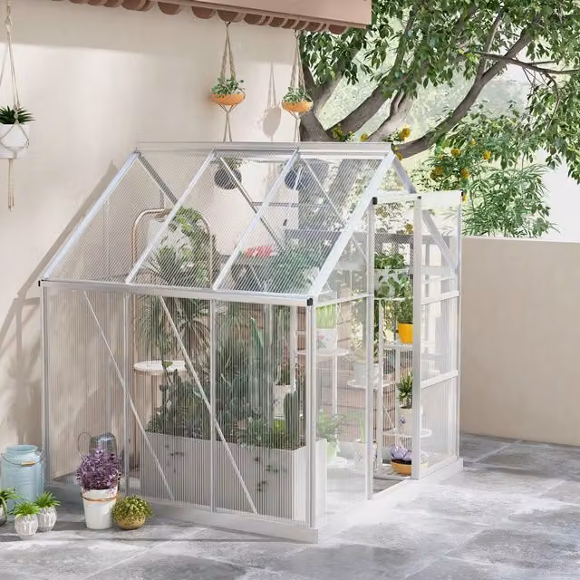 OUTSUNNY Silver Polycarbonate Greenhouse with Sliding Door and Adjustable Roof Vent, H 205 cm x W 182.88 cm x D 190 cm – 1