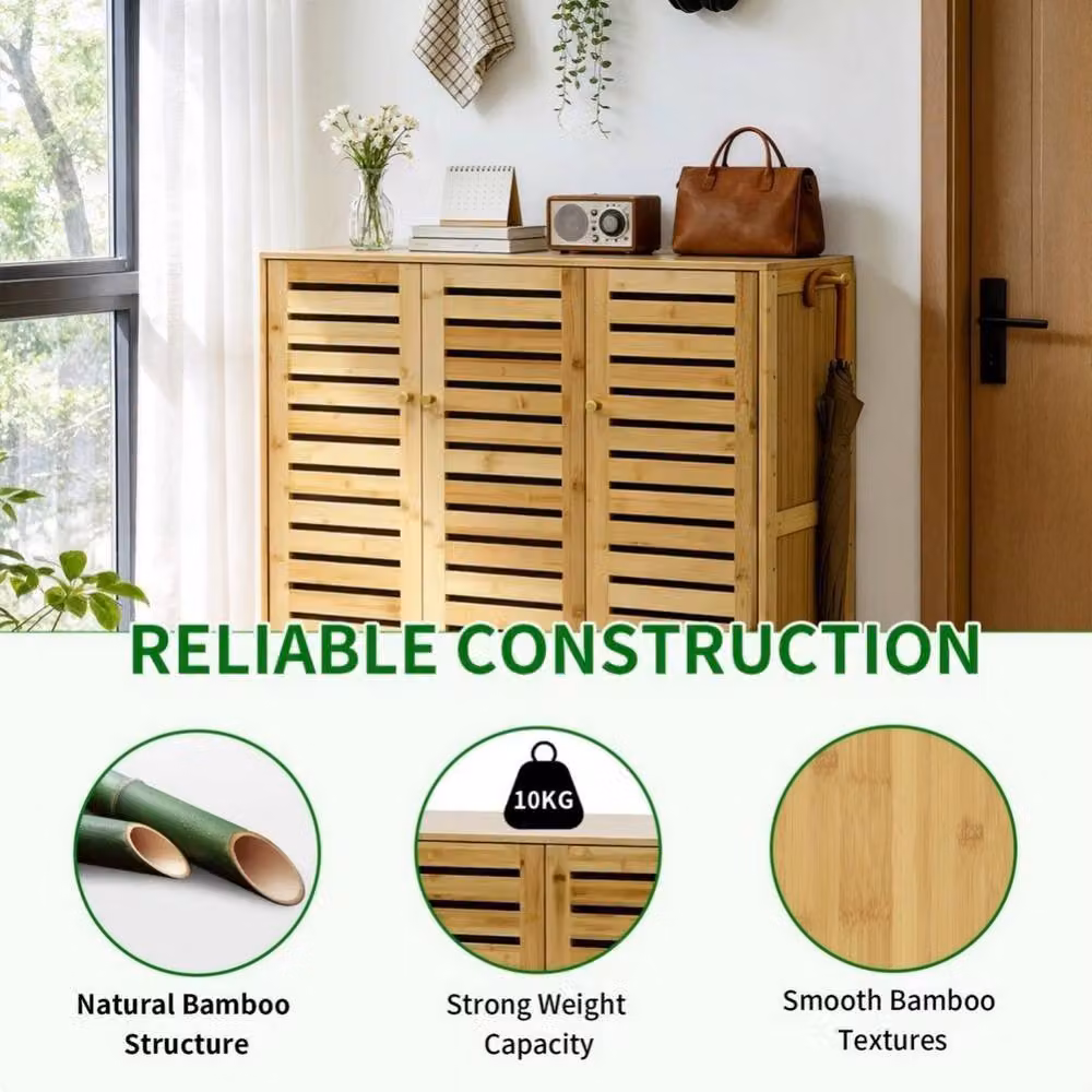 NESTLUNE 3 Door 5-Tier Tall Wood Shoe Cupboard Organizer in Sand, W/D/H: 100 x 15 x 100 cm – 3