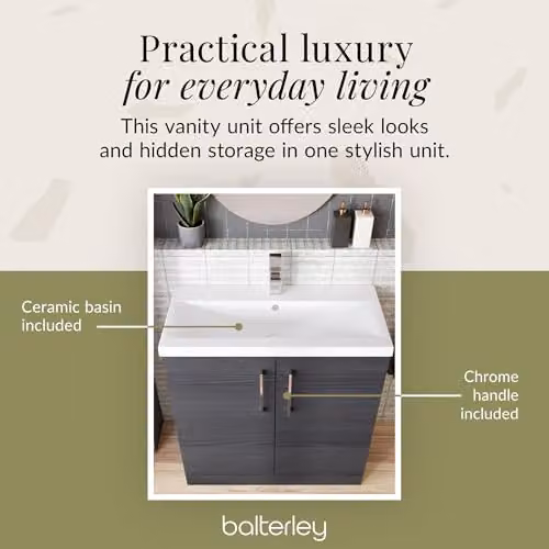 Balterley Charcoal Black Floor Standing Bathroom Vanity Unit with Basin and Soft Close 2 Doors, W/D/H: 81 x 39 x 84 cm – 4