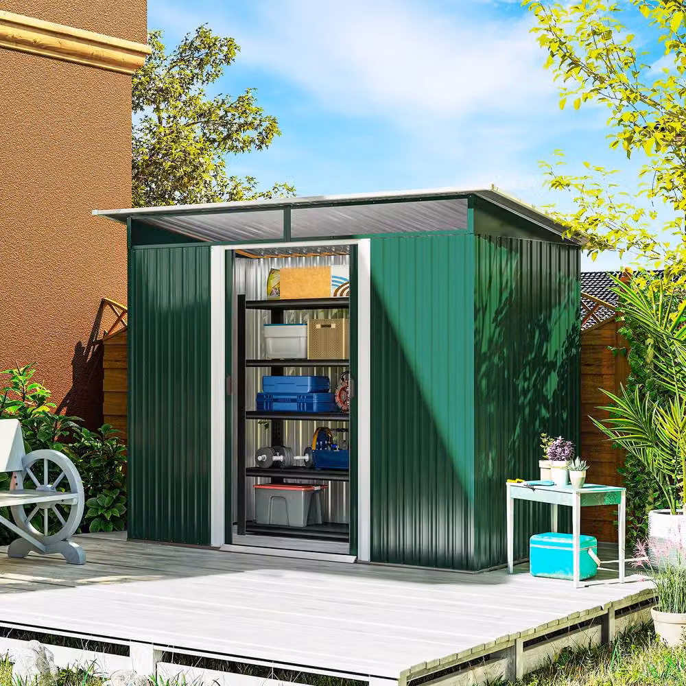 Rolipo Green Pent Metal Garden Shed with Sliding Doors and Window, W/D/H: 259.0 x 121.92 x 173.0 cm – 2