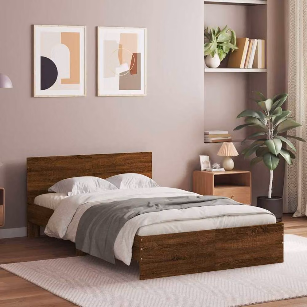 Berkfield Home Modern Bed Frame with Headboard and LED Under-Bed Lighting in Brown Oak, W/D/H: 140 x 190 x 70 cm – 4