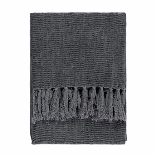 Riva Home Yard Harri Grey Herringbone Woven Cotton Throw with Fringes W/D/H: 180 x 130 x 1 cm – 1