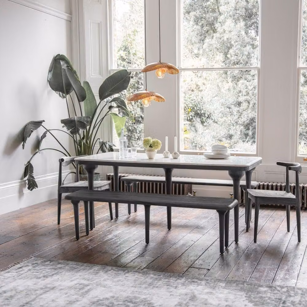 Atkin & Thyme Black and White Marble Rectangular Dining Table with Acacia Wood Base, Width: 180 cm