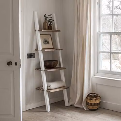 Florence White Wooden Ladder Shelf, Scandinavian Style Open-Back Shelving Unit, H 170 x W 38 x D 44 cm – 1
