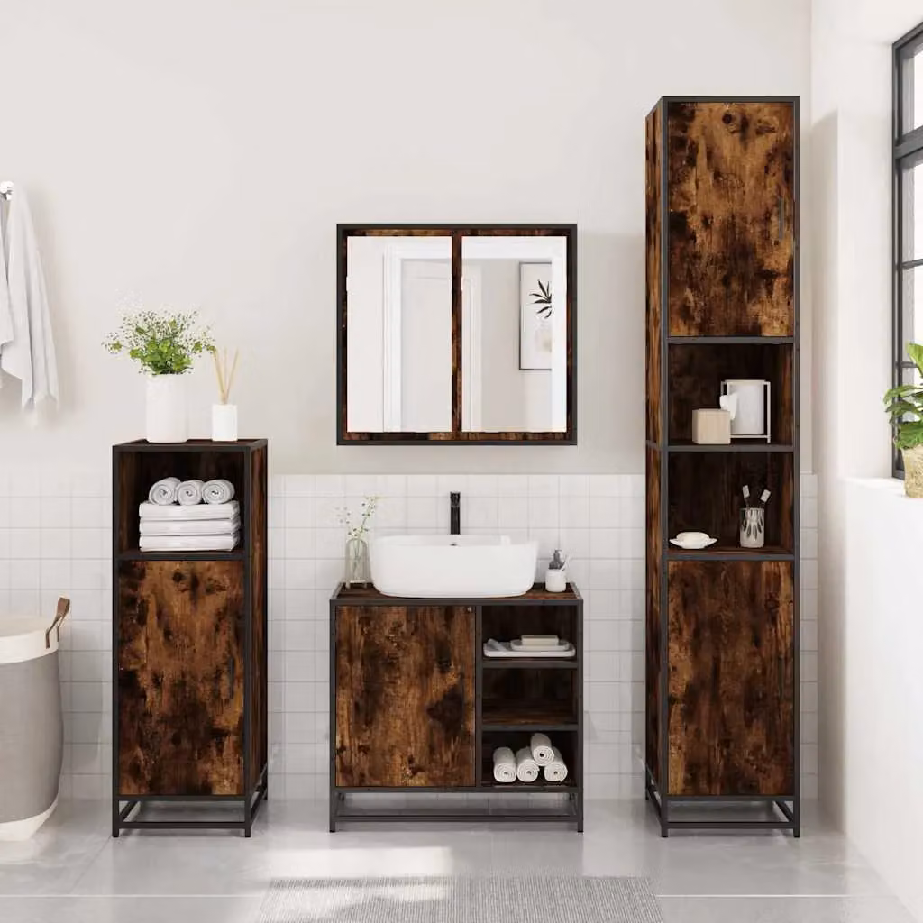 Berkfield Home 4-Piece Industrial Bathroom Furniture Set in Smoked Oak Brown – 4