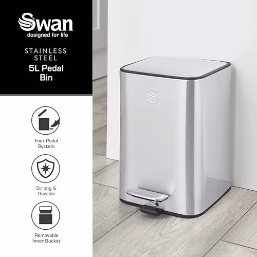 Swan 5L Compact Stainless Steel Pedal Bin in Silver with Soft Close and Removable Inner Bucket, W: 24.0 cm, D: 27.9 cm, H: 19.2 cm – 2