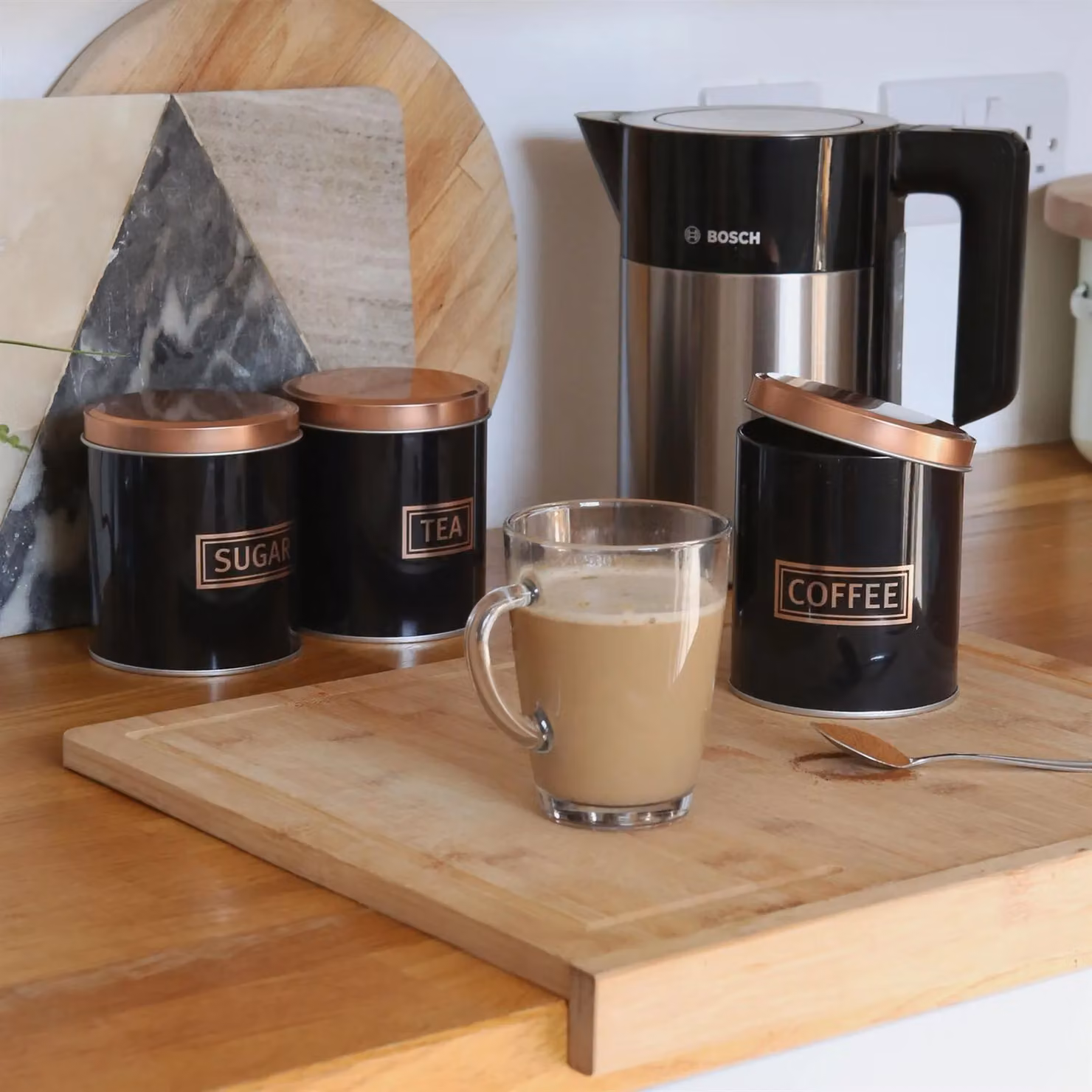 Harbour Housewares 3pc Airtight Metal Tea Coffee Sugar Canister Set in Black – 3