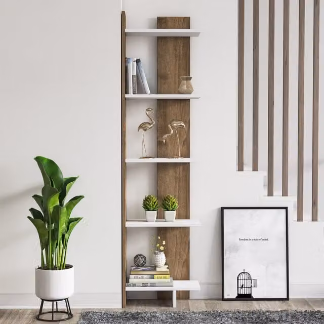 Decorotika Alica 5-Tier Corner Bookshelf in White and Brown