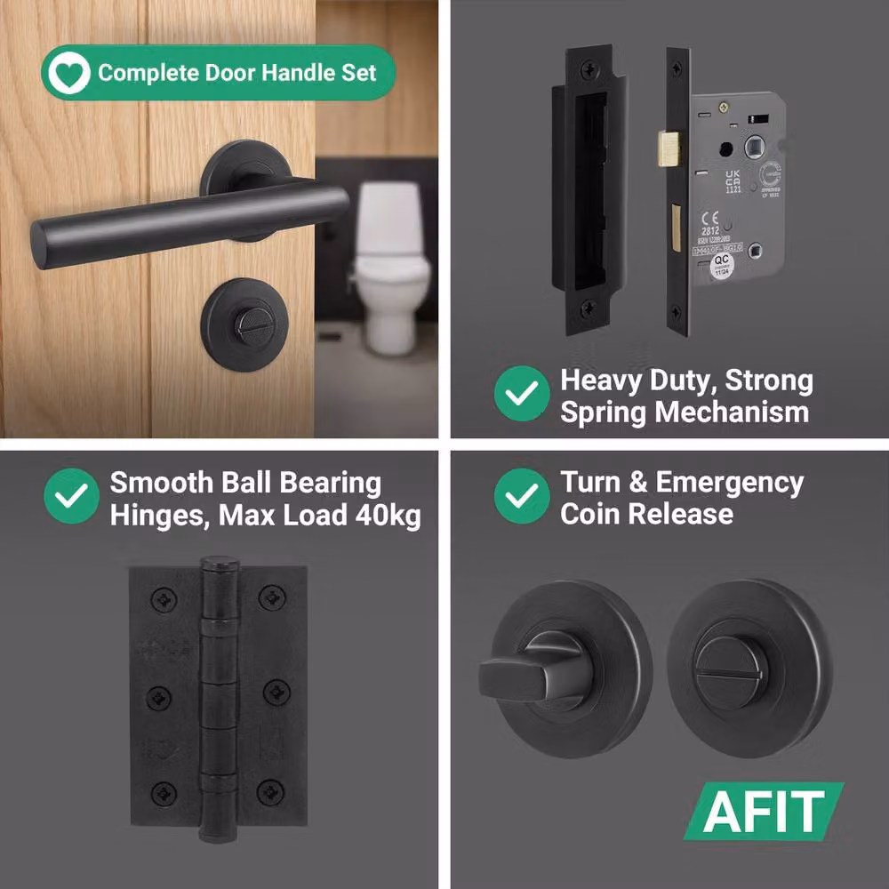 AFIT Matt Black Stainless Steel Bathroom Door Handle with Lock and Hinge Kit, Rose Diameter: 76 mm, Rose Size: 150 x 150 mm – 4