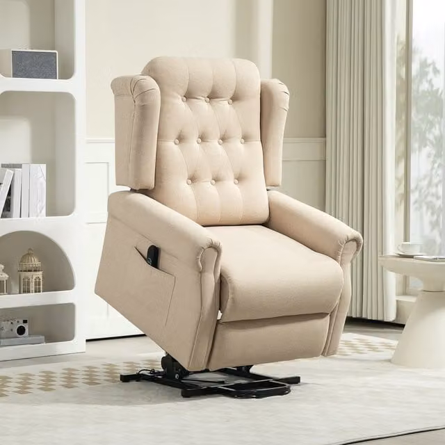 HOMCOM Beige Fabric Power Lift Recliner Wingback Chair with Button Tufting and Integrated Assist for Seniors