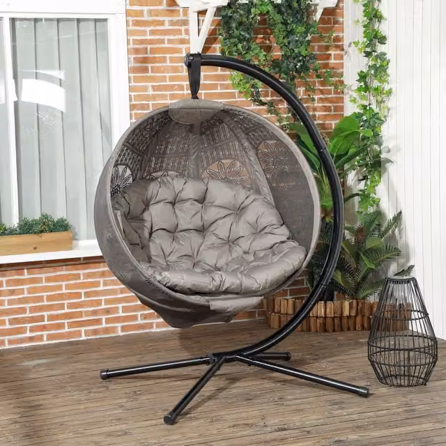 Outsunny Modern Egg Hanging Garden Swing Chair with Stand and Sun Canopy in Sand Brown