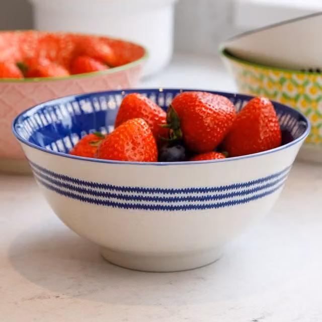 KitchenCraft Set of 4 Blue and White Striped Greek Style Ceramic Stoneware Bowls
