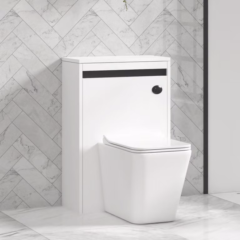 Orion Matt White BTW WC Unit with Elena Rimless Ceramic Toilet Pan, Slim Soft Close Seat and Cistern with Black Accent Trim, Width: 54 cm