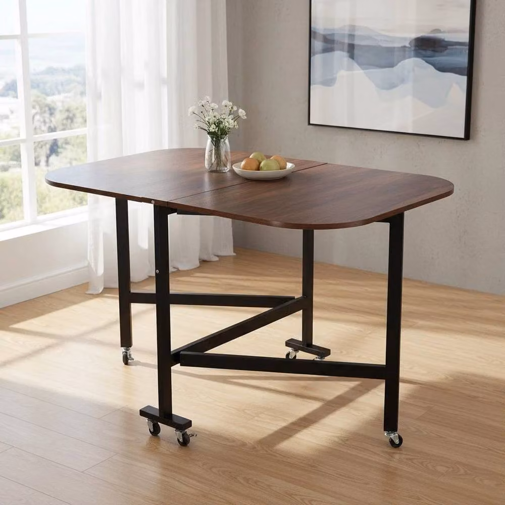 KORVIXA Brown Wood Mobile Drop-Leaf Folding Dining Table with Castors, W/D/H: 100 x 100 x 100 cm – 3